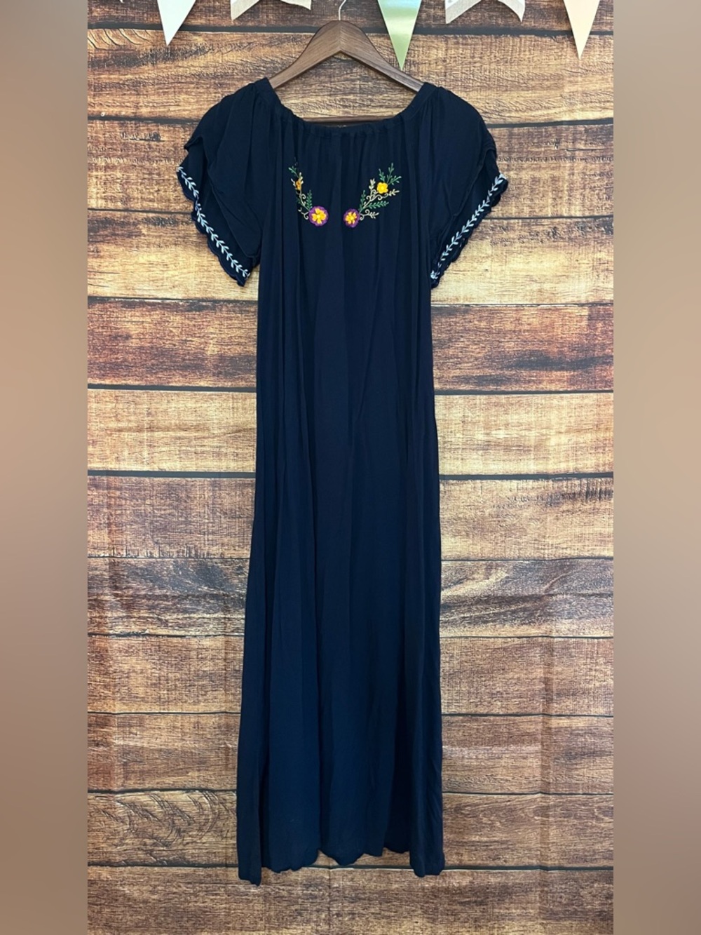 Back From Bali Traditional Mexican Off-Shoulder Navy Embroidered Maxi Dress - Picture 6 of 7